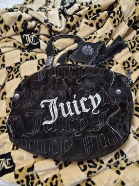 XL VINTAGE Juicy Couture Black Rhinestone-Logo Velvet Shoulder Bag Mint Cond.